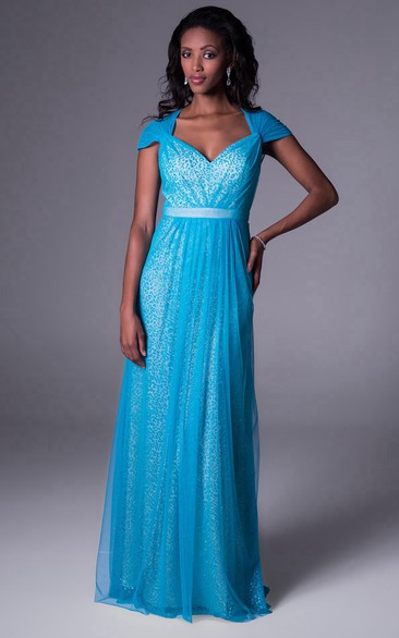 Cap-Sleeve V-Neck Beaded Chiffon Bridesmaid Dress With Ruching And Illusion