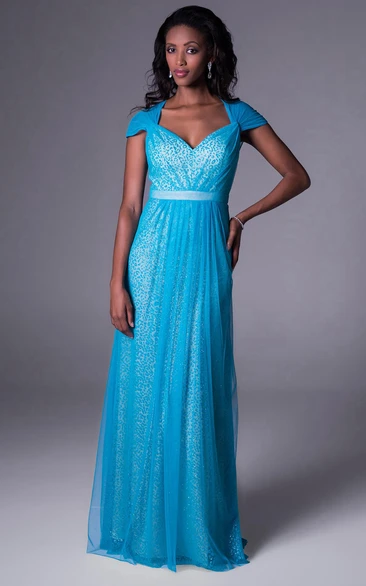 Cap-Sleeve V-Neck Beaded Chiffon Bridesmaid Dress With Ruching And Illusion