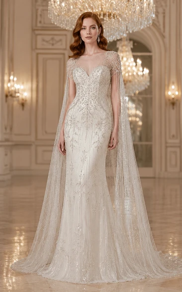 Robe de mariée fourreau en dentelle perlée à manches longues avec traîne cape
