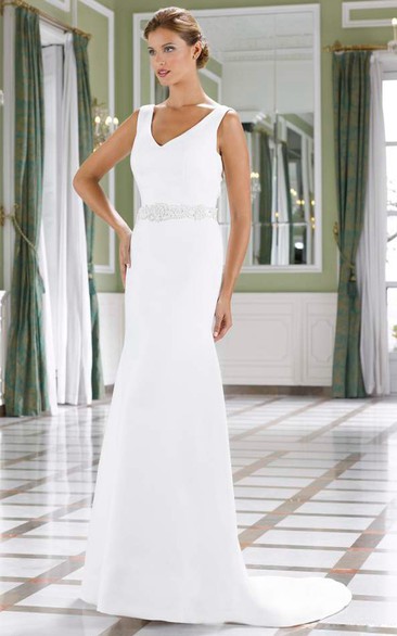 Sheath Sleeveless V-Neck Jeweled Long Satin Wedding Dress With Bow And Low-V Back