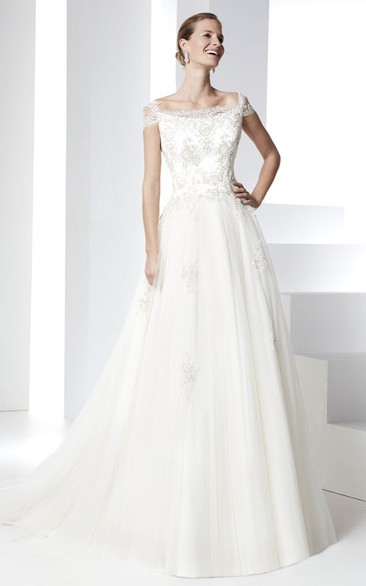 A-Line Appliqued Cap Sleeve Bateau Neck Tulle Wedding Dress With Court Train