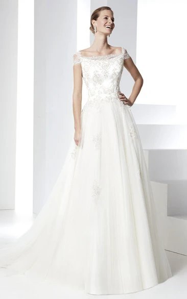 A-Line Appliqued Cap Sleeve Bateau Neck Tulle Wedding Dress With Court Train