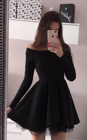 Black Casual Off-the-shoulder Long Sleeve Empire Short A-line Cocktail Prom Dress
