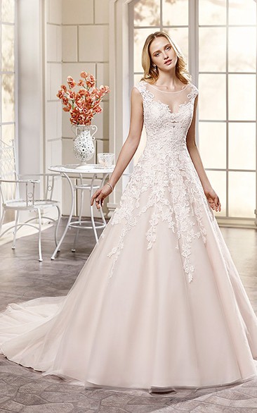 Ball Gown Appliqued Scoop-Neck Maxi Cap-Sleeve Lace Wedding Dress