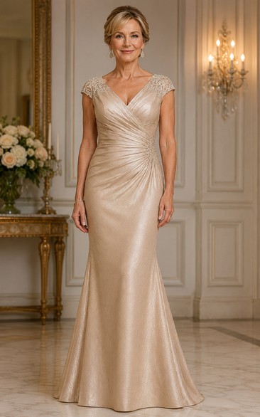 Champagne Mermaid Stretch Satin Lace Cap Sleeve Mother Dress