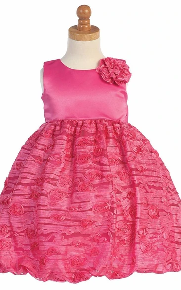 Tea-Length Floral Tiered Empire Tulle&Taffeta Flower Girl Dress With Embroidery