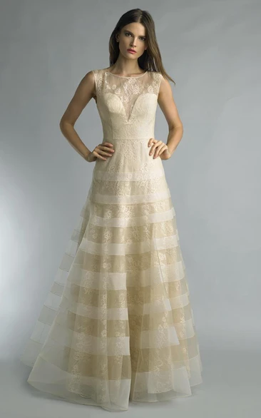 A-line Floor-length Jewel Short Sleeve Lace Low-V Back Dress