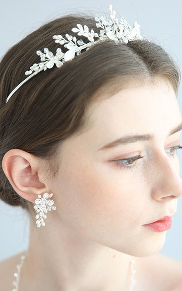 Classic Silver Crystal Rhinestone Necklace and Earrings and Crown Jewelry Set