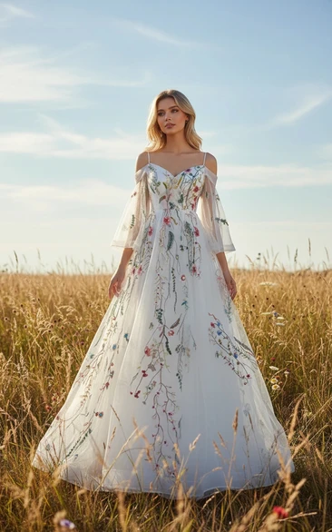 Floral Embroidered Spaghetti Off-the-Shoulder Bell Sleeve Gown