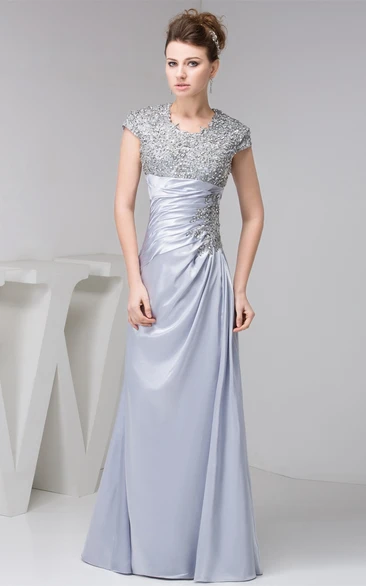 Caped-Sleeve Sheath Ruched Appliques and Dress With Jewels
