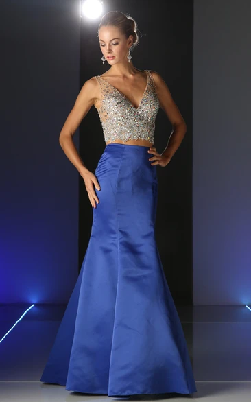 Two-Piece Mermaid Floor-Length V-Neck Sleeveless Satin Low-V Back Dress With Beading