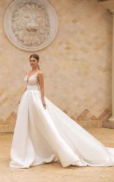 Spaghetti Plunged Ball Gown Empire Sleeveless Wedding Dress with Sweep Train