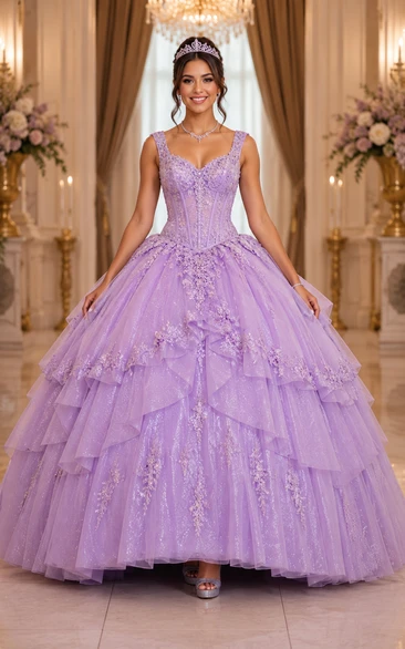 Tiered Lilac Quinceanera Ball Gown with Corset Back