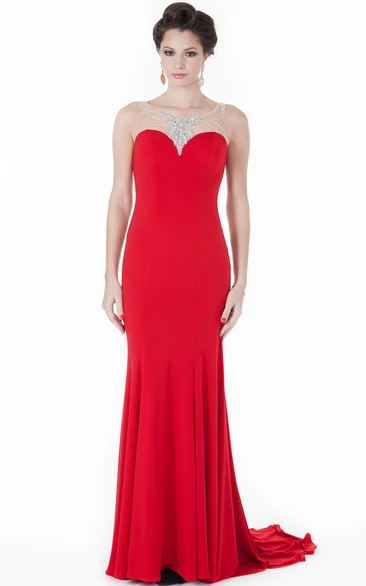 Sheath Sleeveless Scoop-Neck Beaded Floor-Length Jersey Evening Dress