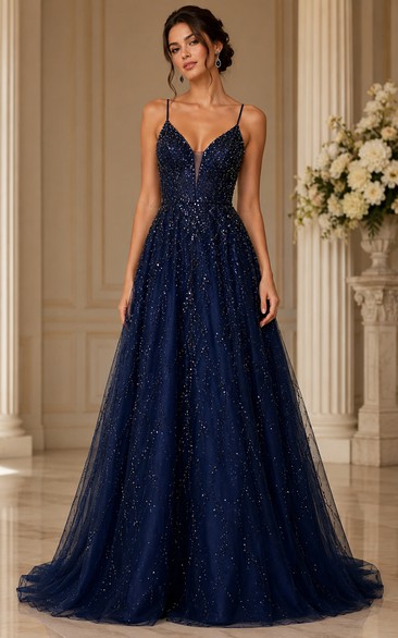 Marineblaues, perlenbesetztes Ballkleid mit offenem Rücken und A-Linien-Design
