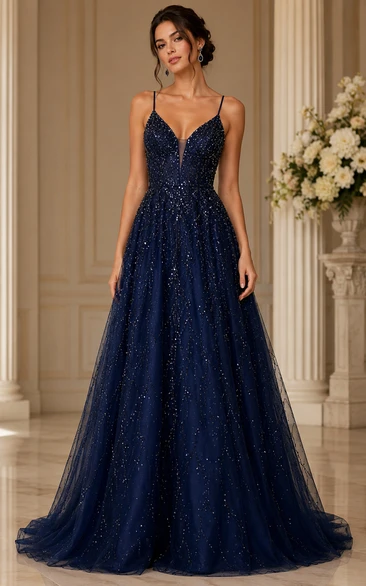 Marineblaues, perlenbesetztes Ballkleid mit offenem Rücken und A-Linien-Design