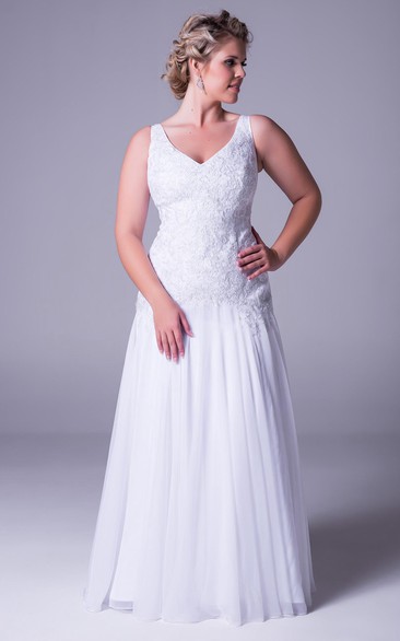 V-Neck Pleated Long-Sleeveless Chiffon Plus Size Wedding Dress With Appliques And V Back