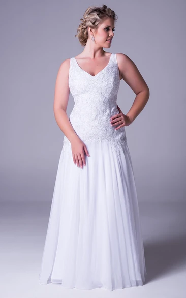 V-Neck Pleated Long-Sleeveless Chiffon Plus Size Wedding Dress With Appliques And V Back