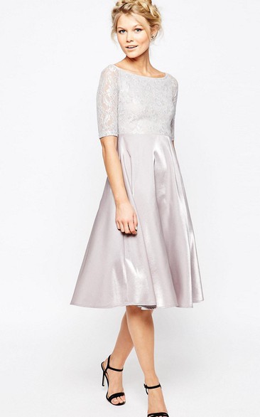 A-Line Knee-Length Short Sleeve Lace Scoop Neck Strectch Satin Bridesmaid Dress