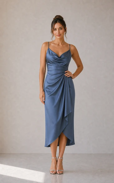 Steel Blue Satin Cowl Neck Asymmetrical Midi Sheath Dress