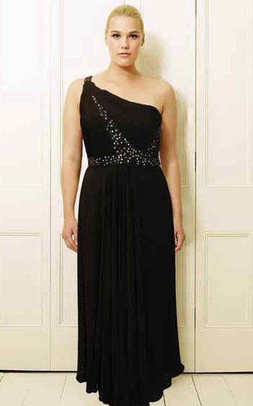 Beaded One-Shoulder Long Sleeveless Chiffon Plus Size Prom Dress With Pleats