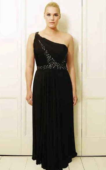 Beaded One-Shoulder Long Sleeveless Chiffon Plus Size Prom Dress With Pleats