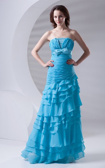 Chiffon Floor-Length Tiered Rhinestone and Dress With Bow