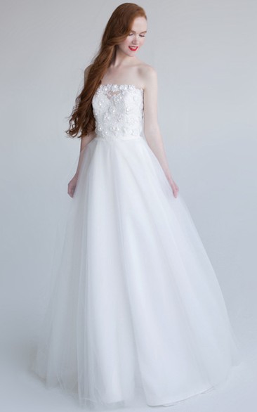 A-Line Strapless Sleeveless Maxi Floral Tulle Wedding Dress With Appliques