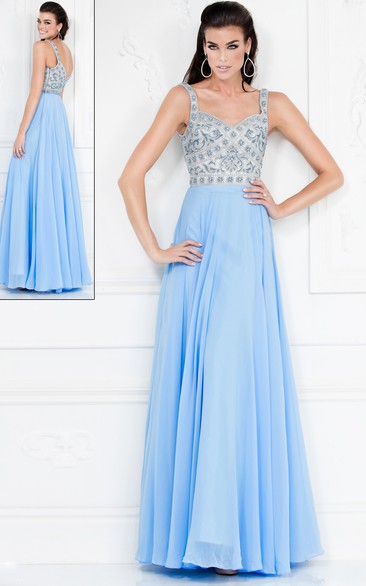 A-Line Sleeveless Chiffon Deep-V Back Dress With Pleats And Beading