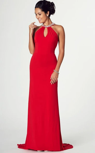 High Neck Beaded Sleeveless Chiffon Prom Dress With Brush Train