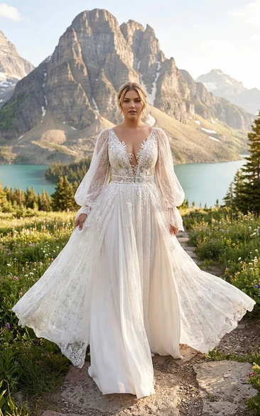 Plus Size Romantic Lace Wedding Dress with Long Bishop Sleeves, Deep V Neck A-Line Bridal Gown with Open Back