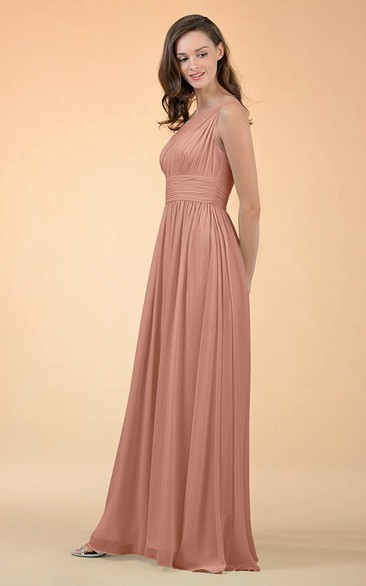 Elegant One-shoulder A Line Sleeveless Floor-length Chiffon Bridesmaid Dress With Ruching