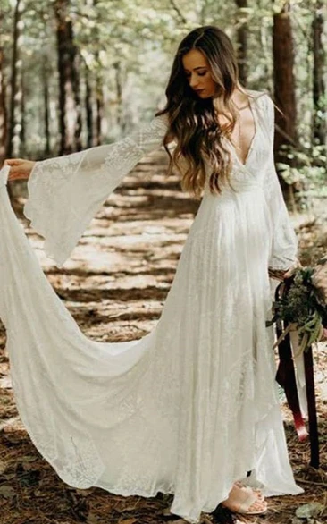 Boho Flowy White Lace Long Bell Sleeves Bohemian Western Elopement Wedding Dress