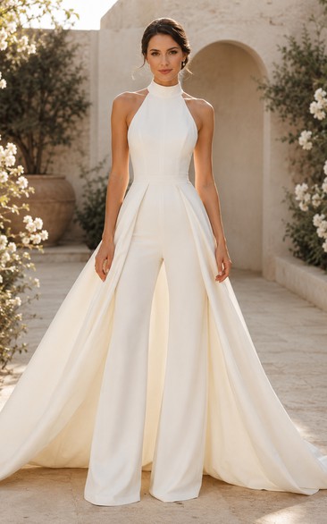 Ivory Halter Wedding Jumpsuit with Full Overskirt Train