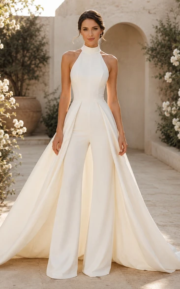 Ivory Halter Wedding Jumpsuit with Full Overskirt Train