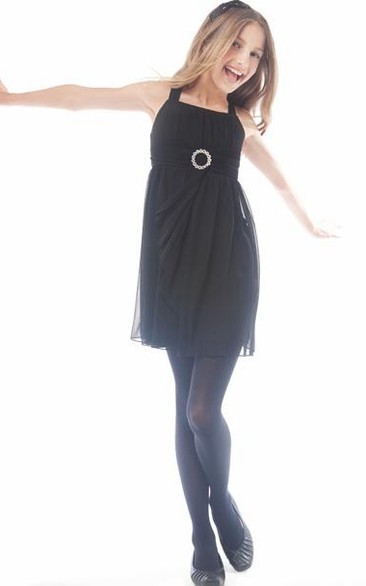 Midi Spaghetti Split-Front Chiffon Flower Girl Dress With Straps