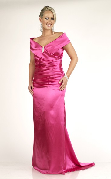 Floor-length V-neck Satin Broach Ruching Sweep Train Dress