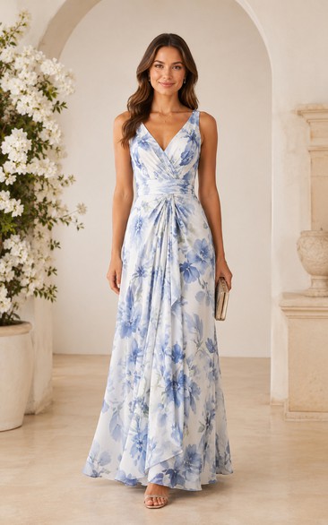 Blue Floral V-Neck Floor-Length Chiffon Formal Dress with Draped Front