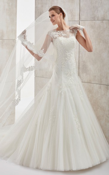 Jewel-neck Cap-sleeve Wedding Dress with Mermaid Style and Open Back