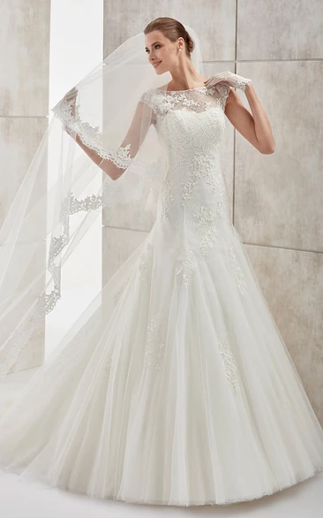 Jewel-neck Cap-sleeve Wedding Dress with Mermaid Style and Open Back