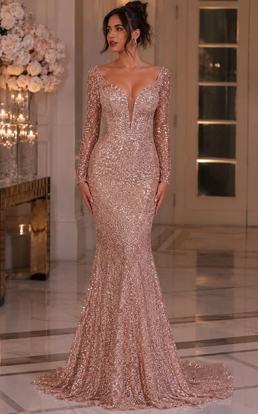 Sequin Prom Dress in Blushing Pink, V-neck Mermaid Sweep Train Gown with Sequins