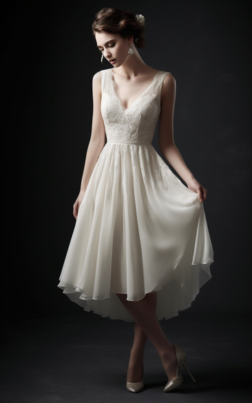 Sleeveless V-neck A-line High-low Tea-length Lace Pleated Wedding Dress
