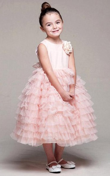 Tea-Length Tiered Tulle&Satin Flower Girl Dress