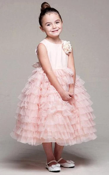 Tea-Length Tiered Tulle&Satin Flower Girl Dress