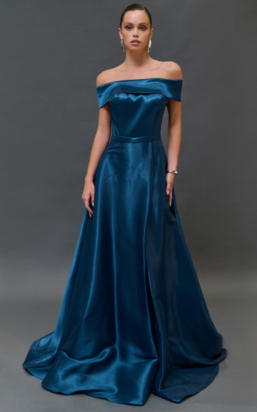 Off-the-shoulder Satin A-line Floor-length Dress