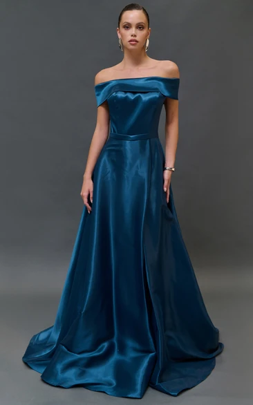 Off-the-shoulder Satin A-line Floor-length Dress