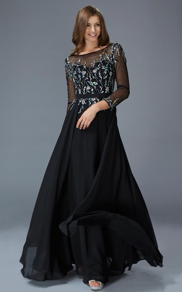 A-Line Bateau Long Sleeve Chiffon Illusion Dress With Beading And Pleats
