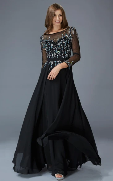A-Line Bateau Long Sleeve Chiffon Illusion Dress With Beading And Pleats