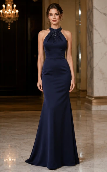 Dark Navy Crystal Halter Mermaid Formal Gown