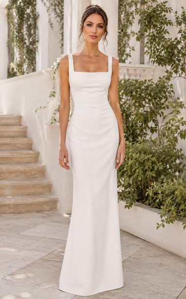 Square Neck Crepe Sheath Wedding Dress with Wide Straps and Clean Back